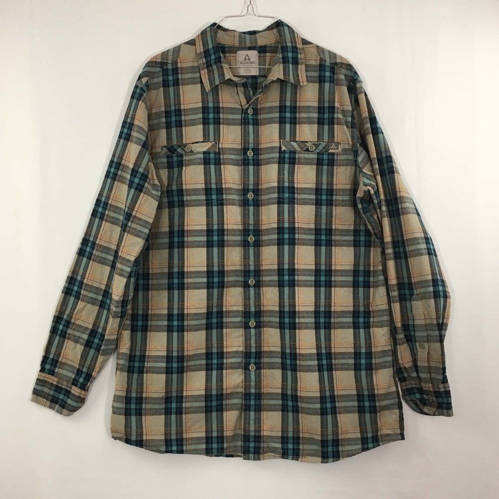 Ascend Bass Pro Shop‎ Mens Beige Blue Plaid Long Sleeve Button Front Shirt L